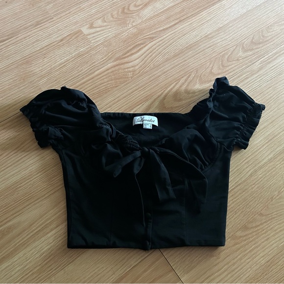 Luvalot Black Cropped Sweetheart Tie Ruffle Top Size 2 - Picture 1 of 8